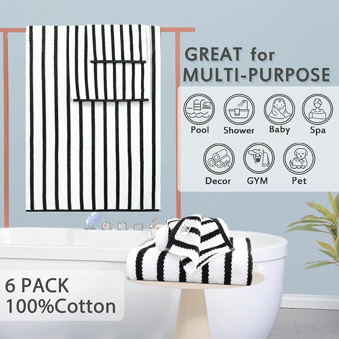 VOOVA & MOVAS 6PC Towel Set, 100% Cotton, Black White | 2 Large Bath Towels 30x56 In, 2 Hand Towels 18x28 In, 2 Washcloths 13x13 In, Quick Dry, Thick, Soft, College Dorm Towels