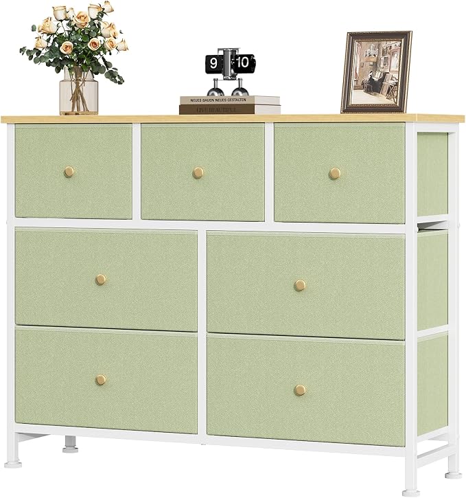OLIXIS 7 Drawer Dresser for Bedroom, Tall Fabric Storage Tower with Sturdy Steel Frame and Wooden Top, Large Dresser for Living Room Entryway with Easy Pull Fabric Bins,Light Green