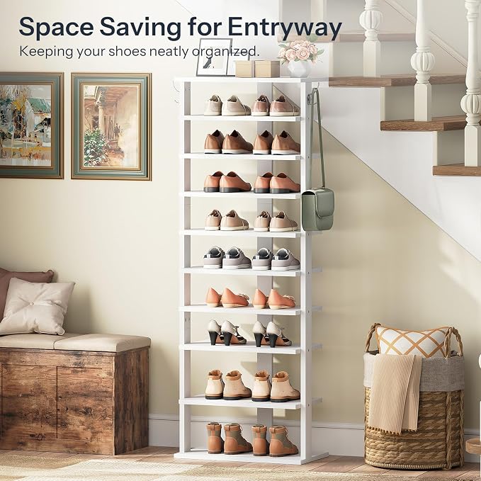 HOOBRO 10 Tiers Vertical Shoe Rack, Wooden Shoe Storage Organizer with Hooks, Narrow Shoe Tower for 20 Pairs, Space Saving, for Entryway, Living Room, Bedroom, White WT140XJ01