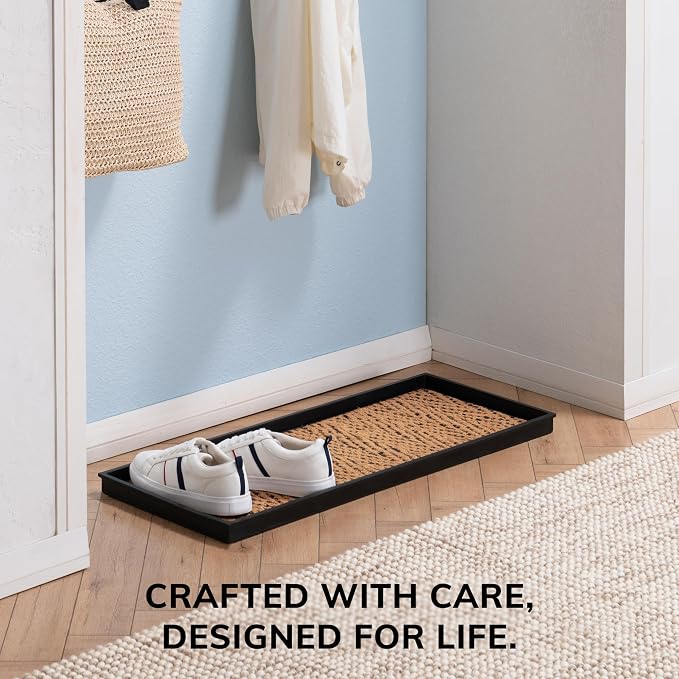Anji Mountain Heavy Duty Waterproof Rubber Shoe Storage Mat Organizer/Boot Storage Tray Multi Use For Entryway with Coir, Tan and Black Insert , Fits 3 Pair (34.5" Wide)