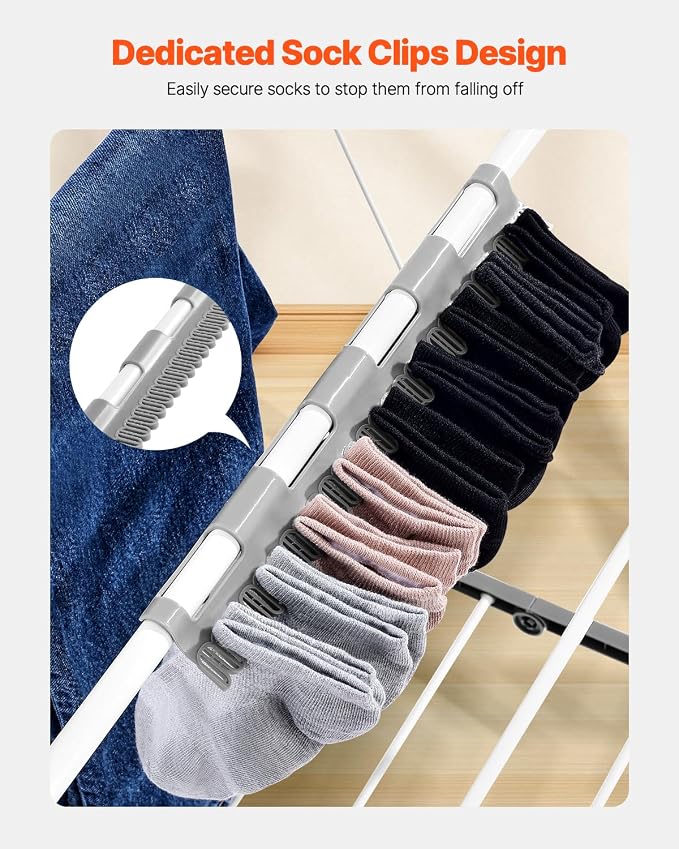 VEVOR Clothes Drying Rack, 2-Tier Foldable Laundry Dryer Rack with Sock Clips & 21 Drying Rods, Metal Height Adjustable Drying Racks for Outdoor & Indoor, Free-Standing & Space-Saving Hanger, White