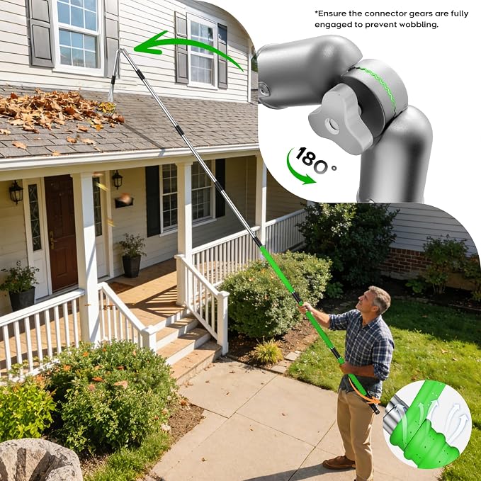 13ft Gutter Cleaning Tools From the Ground, No Ladder Needed, 3-in-1 Gutter Cleaner Pole with Replaceable Brush Rake Scoop, 180° Adjustable Angle for Leaves & Debris Cleaning with Grip Tapes, Green