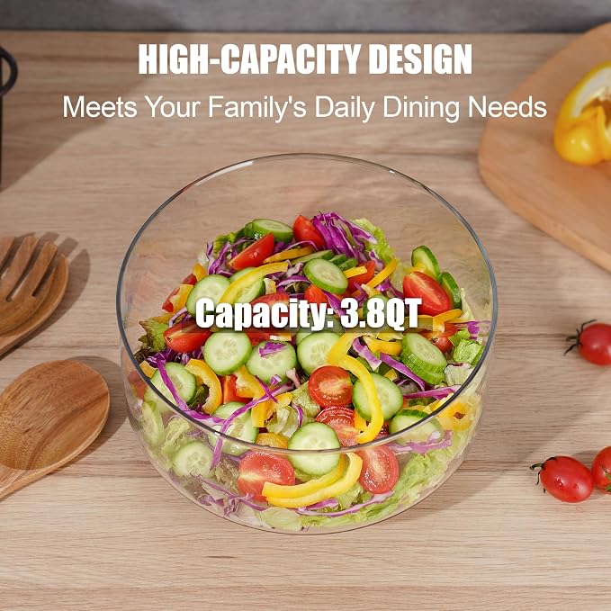 NiHome Glass Salad Bowl with Acacia Wood Salad Tongs, Large Capacity Design with Enhanced Stability, Versatile Serving Dish for Salads, Fruits, Ideal for Gatherings & Daily Family Dining