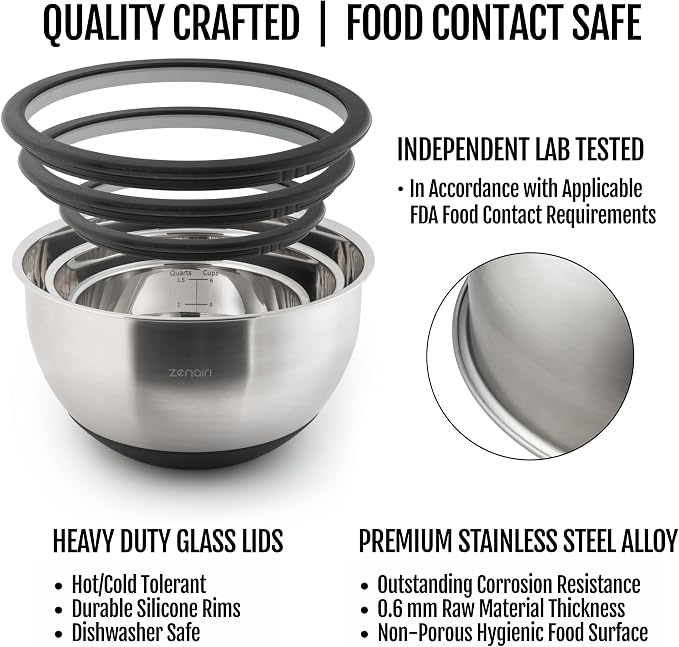 Premium Quality Stainless Steel Mixing Bowls with Lids, 3-Piece Set, Dishwasher-Safe Clear Glass Lids, No Plastics