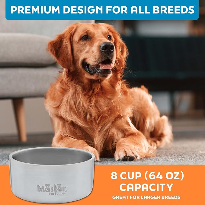 Master Pet Supply Stainless Steel Dog Bowls - 64 oz, Heavy Duty - Stainless Steel, Double Wall Extra-Thick Insulated, Non-Slip Pet Water Bowl for Dogs, Cats & Pets, Anti Rust Metal, Dish Washer Safe