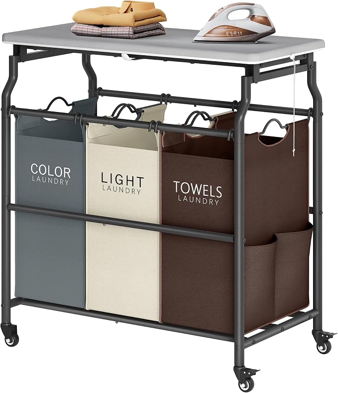 Hoctieon 3 Section Laundry Sorter with Iorning Board, Hamper with Wheels | Brown+Gray+Beige,Lockable Wheels, Laundry Basket Organizer, Heavy Duty Clothes Separator, Removable Bags,Rolling Laundry Cart