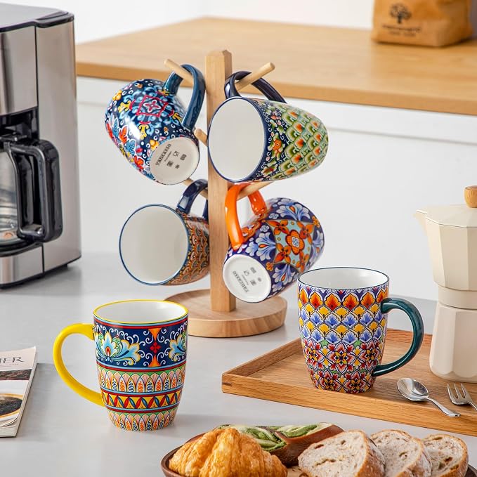 vancasso SIMI 16 oz Large Coffee Mugs Set of 6 – Bohemian Ceramic Cups with Handle, Perfect for Latte, Tea, Hot Chocolate, Dishwasher & Microwave Safe Ideal Gift