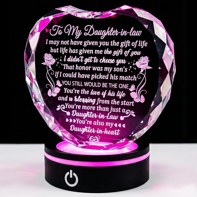 Arikyrist Crystal Heart Gifts for Daughter in Law from Mother in Law with LED Light Base on Wedding Birthday Mother's Day, to My Bonus Daughter Gift Idea Unique Keepsake
