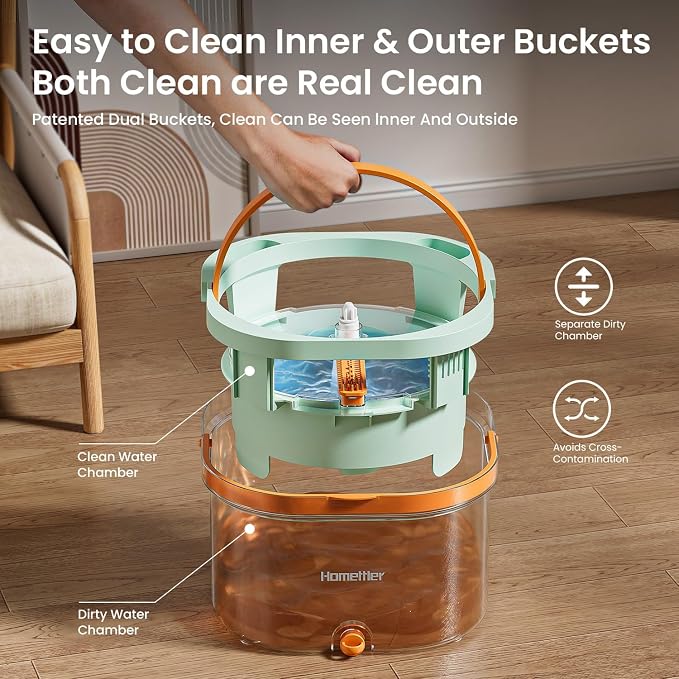 HoMettler Transparent Mop and Bucket Set | Spin Mop with Dual-Tank Clean/Dirty Water Separation | 4 Microfiber Pads | Versatile Mops for Floor Deep-Cleaning