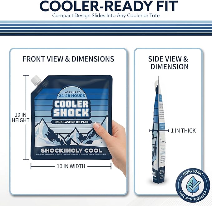 Cooler Shock Reusable Ice Packs for Cooler - Long Lasting Cold Freezer Packs for Coolers and Lunch Boxes - Cooler Ice Packs for Camping Gear, Fishing, Road Trips, Beach Must Haves