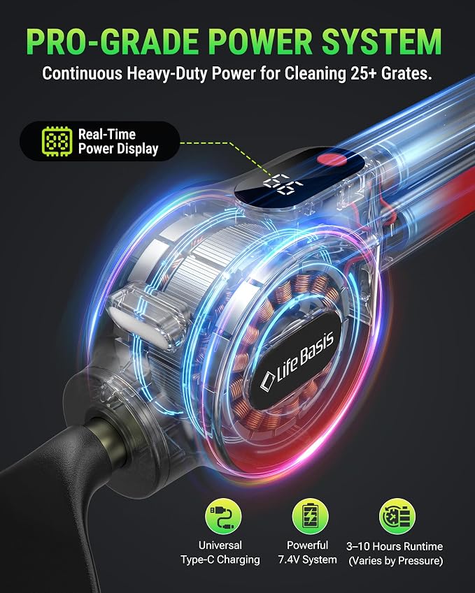 LifeBasis Cordless Electric BBQ Grill Cleaning Brush | Rechargeable with 180-minute Runtime, 3 Replaceable Heads, LED Light and Powerful Reciprocating Cleaning for Outdoor Grates