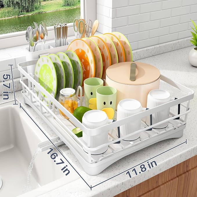 SAYZH Dish Drying Rack for Kitchen Counter with Utensil Holder, White | Stainless Steel, Large Capacity, Angled Drainboard, Rotating Spout, Removable to Clean