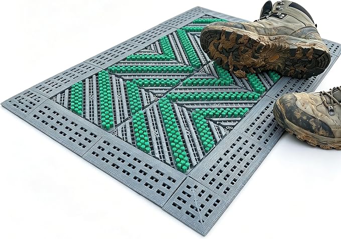 Outdoor Boot Scraper & Brush Mat, Green&Grey, 29.5'' x 17.7'' | Easy Assembly, Waterproof, Non Slip, Mud Trapper, For Outside Entrance, Front Door, Garage, Yard