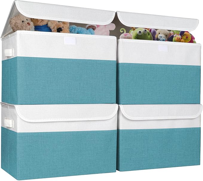 Bagnizer Large 22 Quart Linen Fabric Foldable Storage Bin Cube Organizer Basket with Flip-Top Lid & Handles, Clothes Blanket Box for Home, Office, Closet, Teal & White, 4 Pack 14.6 x 9.5 x 9.5