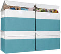 Bagnizer Large 22 Quart Linen Fabric Foldable Storage Bin Cube Organizer Basket with Flip-Top Lid & Handles, Clothes Blanket Box for Home, Office, Closet, Teal & White, 4 Pack 14.6 x 9.5 x 9.5