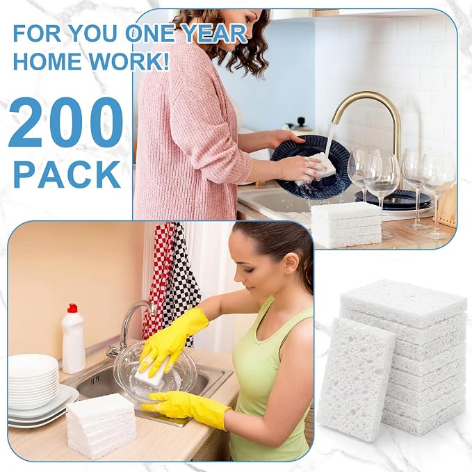 Zhengmy 200 Pieces Sponges Bulk Sponges Kitchen Compressed Sponge Natural Dish Sponge Compressed Wood Pulp Cleaning Without Scratching for Kitchen Bathroom, 3.9 x 2.4 x 0.12 Inch (White)
