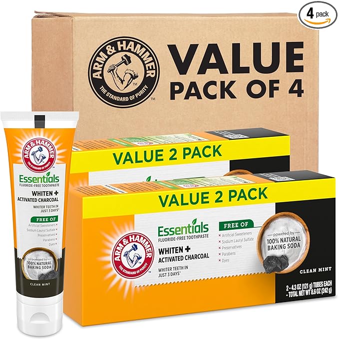 ARM & HAMMER Essentials Fluoride-Free Toothpaste, Whitening + Activated Charcoal Toothpaste, 4 Pack of 4.3oz Tubes, Clean Mint, 100% Natural Baking Soda
