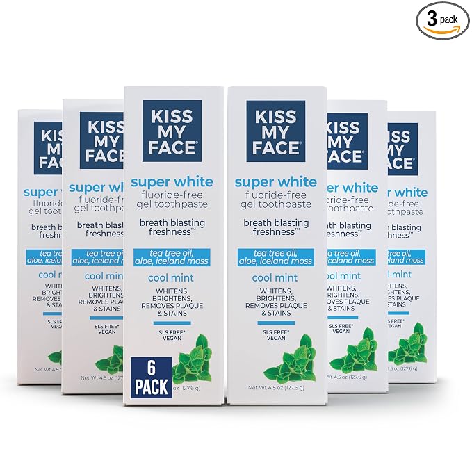 Kiss My Face Super White Toothpaste Gel, Cool Mint Flavor, Removes Plaque and Stains, Teeth Whitening Toothpaste, Fluoride Free, Vegan, 4.5 oz, 3 Pack