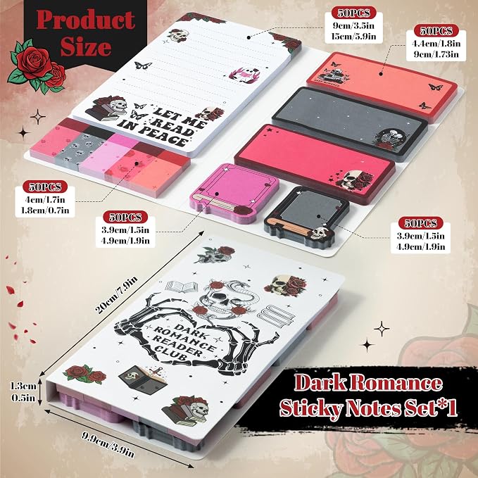 Xqumoi Let Me Read in Peace Dark Romance Sticky Notes Set - 550 Sheets Rose Skull Self-Stick Note Pads Dark Romance Book Lovers Gift Divider Tabs Bundle Writing Memo Pad for Teens Adults