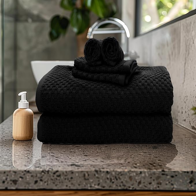 COTTON CRAFT Euro Spa Waffle Weave 6 Piece Towel Set - 100% Cotton - Black | 2 Oversized Luxurious Large Bath Towels, 2 Hand Towels, 2 Washcloths - Soft Plush Super Absorbent Low Lint Quick Dry