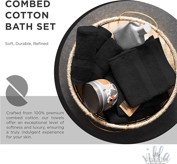 Villa Celestia 24-Piece 100% Cotton Towel Set, 6 Bath Towels, 6 Hand Towels, 12 Wash Cloth, Quick-Dry, Black