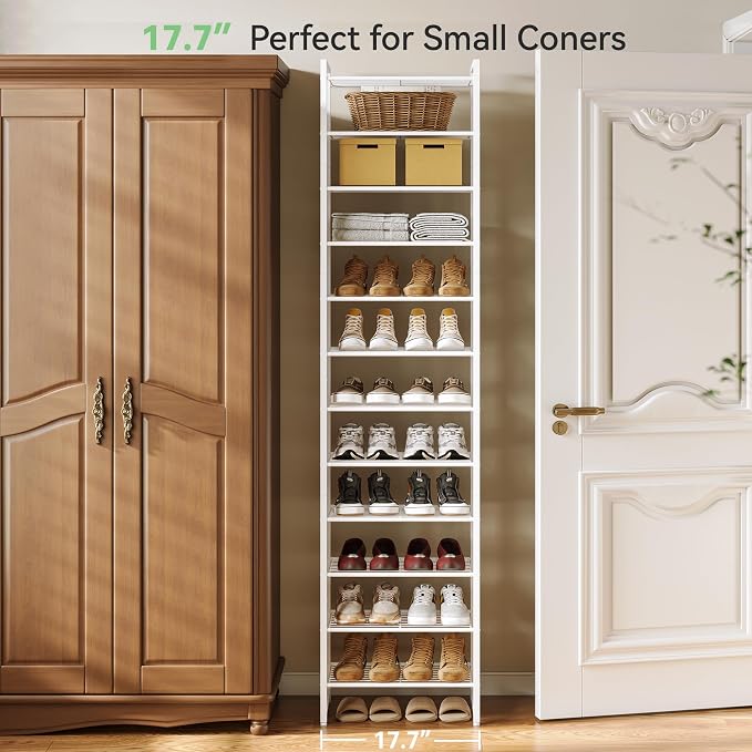 Nunsino Narrow Shoe Rack, 12-Tier Metal Shoe Organizer,Tall Shoe Shelf with Anti-Tip Strap, Max Holds 24 Pairs,Space Saving for Closet,Entryway,White