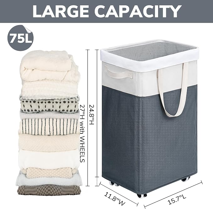 Goodpick Laundry Baskets 2-Pack, 75L Hamper with Wheels, Foldable Laundry Baskets with Removable Wash Bags, Rolling Laundry Hamper for Corner Dorm, Slim Laundry Basket, Grey&White