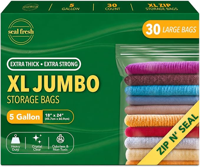 Seal Fresh 5 Gallon Large Plastic Storage Bags – 18" x 24" (30 Count) – Reusable XXL Extra Large Clear Jumbo Zip Bags with Sealable Zipper Top For Clothes, Travel, Moving