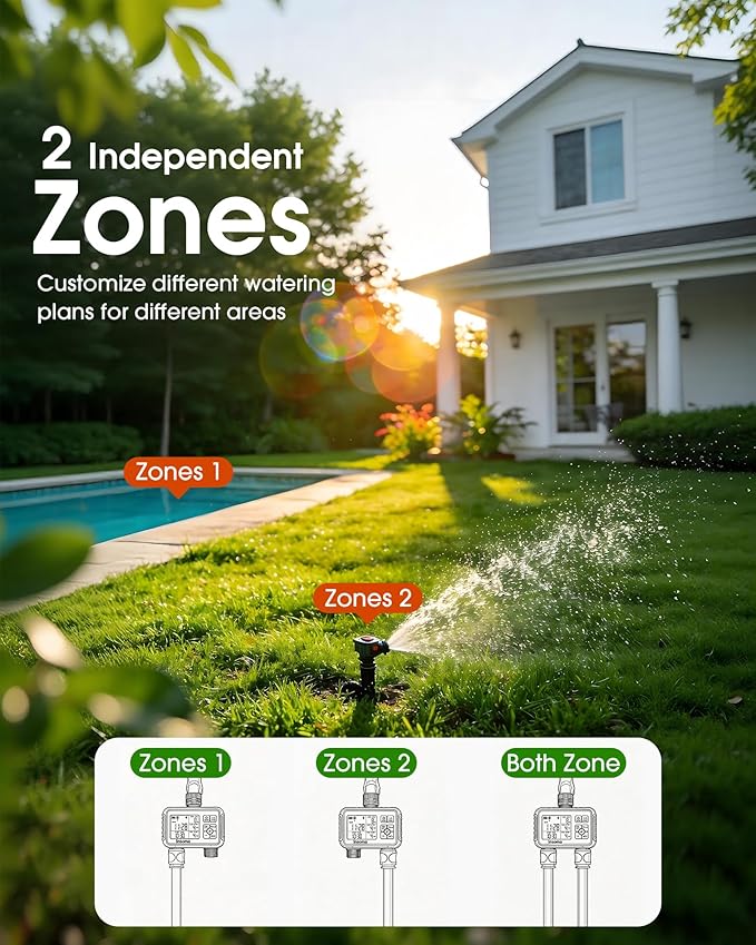 Insoma Water Timer with Brass Inlet & Outlet, 2 Independent Zones Outdoor Hose Timer for Garden Faucet with Auto/Manual/Rain Delay Mode, Sprinkler Irrigation Controller for Yard Lawn
