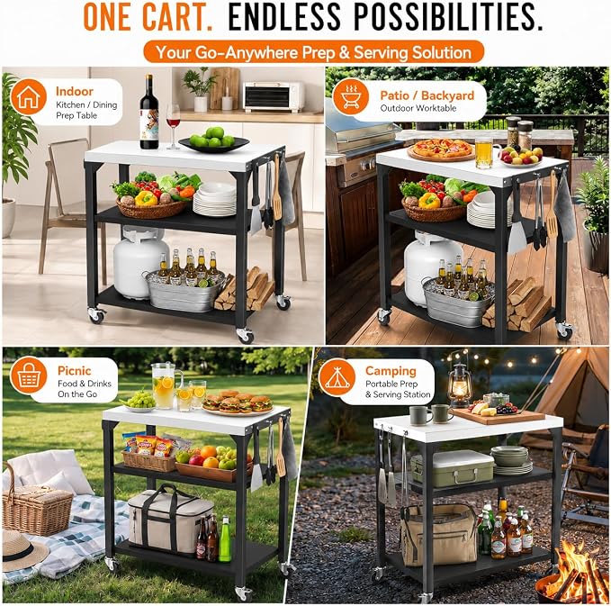 Hisencn 3-Tier Pizza Oven Table, Stainless Steel Outdoor Grill Prep Cart | 32x24 Inch Stainless Steel Grill Table for Pizza Ovens,Blackstone,Cuisinart,Portable Food Station with Hooks&Lockable Wheels