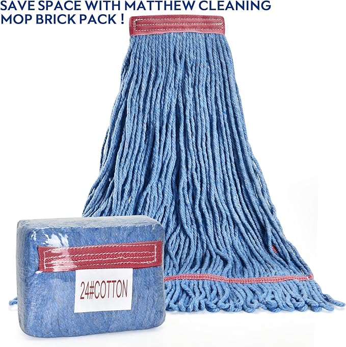 Matthew Cleaning 24oz Heavy Duty Mop Head Commercial Replacement for General and Floor Cleaning , Wet Industrial Blue Cotton Looped End String Head Refill (Case of 12) Blue