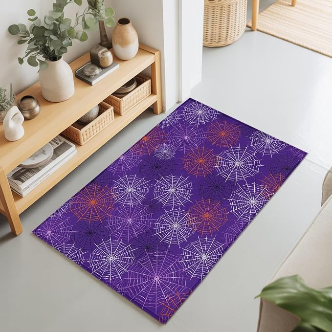 Entryway Area Rug 2'x3', Purple Halloween Washable Small Area Rugs for Kitchen Bathroom Bedroom Office Laundry, Red Black White Net Halloween Non Slip Door Mat Indoor Entrance Floor Throw Carpet