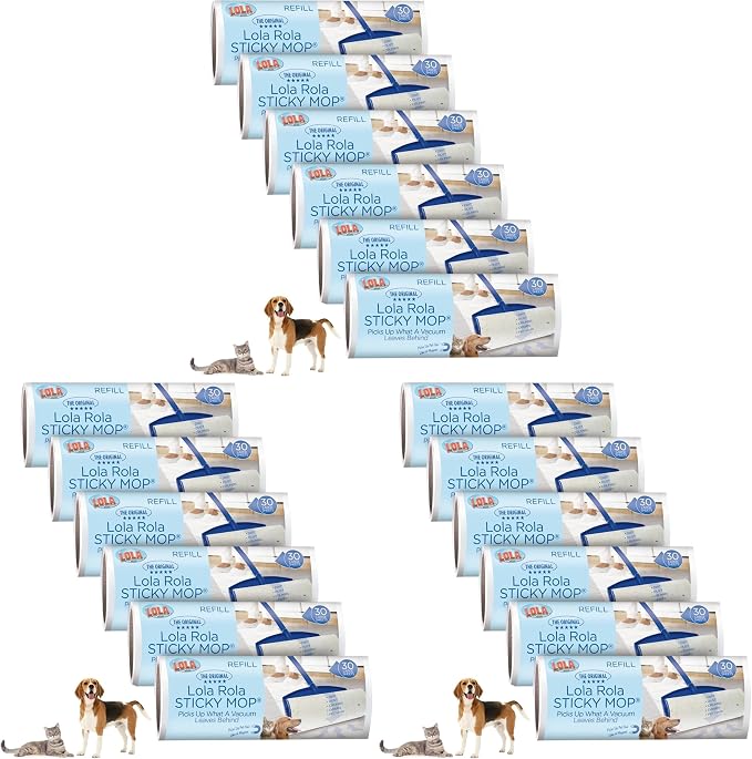 LOLA Rola Sticky Mop Refills, Giant Adhesive Roller, 180 Sheets, Traps Dirt, Dust & Hair, Pet Hair Remover, Floor & Carpet Cleaner, 18 Pack