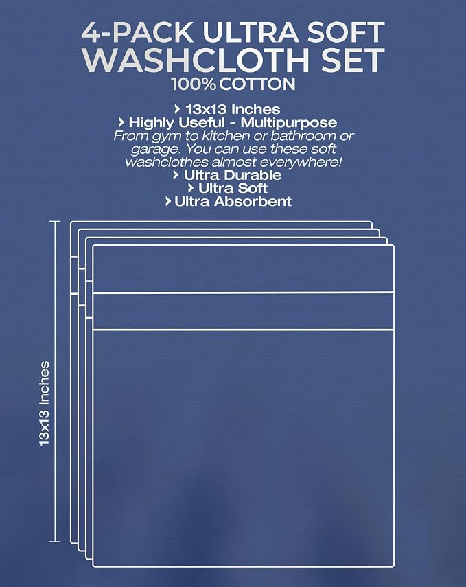 American Veteran Towel, 100% Cotton Turkish Washcloths for Bathroom Essentials 4 Pack, Soft Absorbent Wash Cloths Quick Drying Small Towels Washrags, Aqua Blue