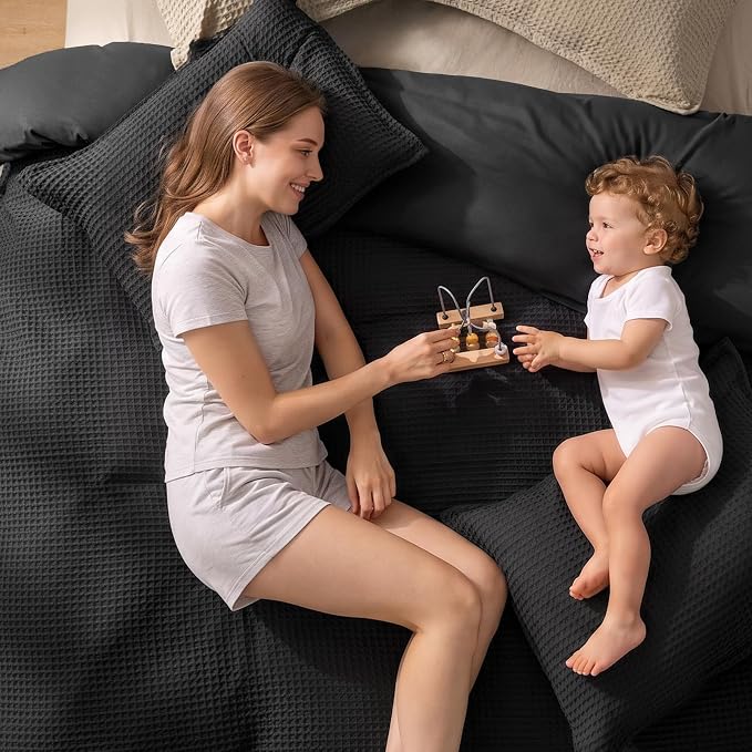 PHF Waffle Weave Duvet Cover Set King Size, No Snagging Ultra Soft Luxury Textured Breathable Comforter Cover for All Season 3pcs, Durable Bedding Duvet Set with 2 Pillow Shams, 104"x90", Black