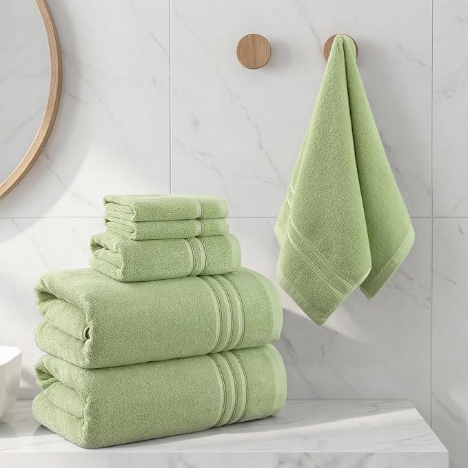 REDKISS Sage Towels Set 6 Piece Cotton Towel Sets with 2 Bath Towels, 2 Hand, 2 Washcloths, 650GSM Hotel Quality, Soft, Highly Absorbent Towels for Bathroom Gym, Ideal Everyday Use