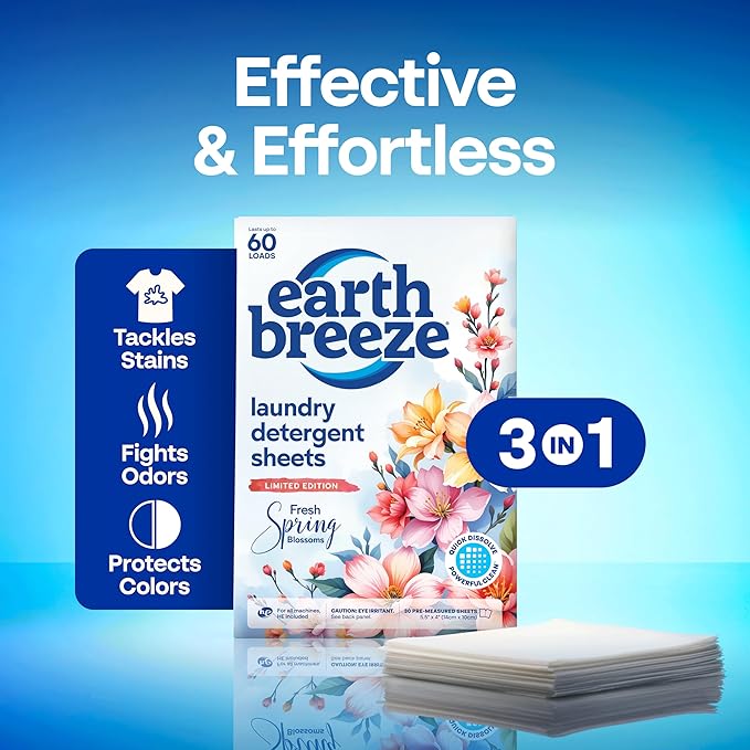 Earth Breeze Laundry Detergent Sheets Fresh Spring Blossoms - 60 Loads - Eco Laundry Sheets - Travel Laundry Soap Sheets for Hot & Cold Cycles - Tackles Tough Stains & Odors - Gentle on Skin, 30 Ct