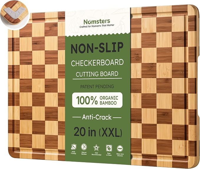 20”Extra Large Bamboo Cutting Boards for Kitchen Wooden Checkered Cutting Board Heavy Duty Butcher Block Juice Groove Non Toxic End Grain Charcuterie Board Serving Non Slip XXL Wood Chopping Board