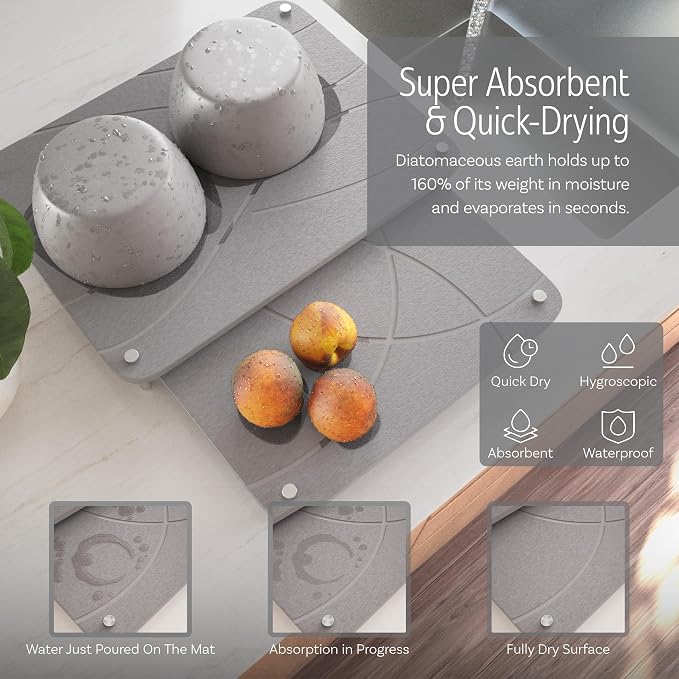 Nested Stone Drying Mat for Kitchen Counter | Large 16"x12" Dish Drying Mat plus 13"x12" Diatomaceous Earth Stone Dish Drying Mat | Expands to 29” x 12” | Premium Stone Mat (Light Gray)