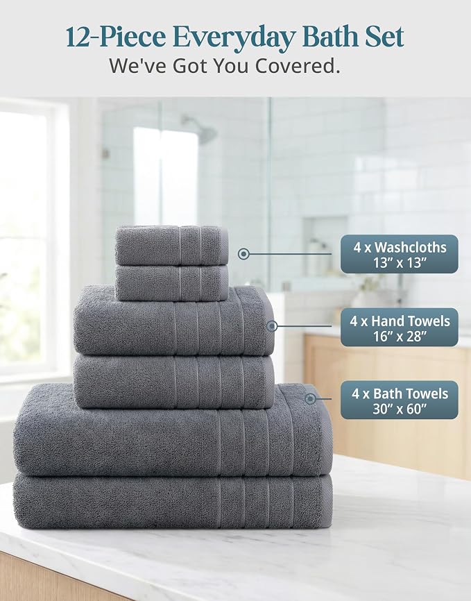 Casa Platino Bath Towel Set 100% Cotton 12 Piece Soft Absorbent - Cool Grey | Cotton Bath Towels - Densely Woven, Coordinated Colors, Dobby Border Accent, OEKO-TEX Certified, Ring-Spun Durability
