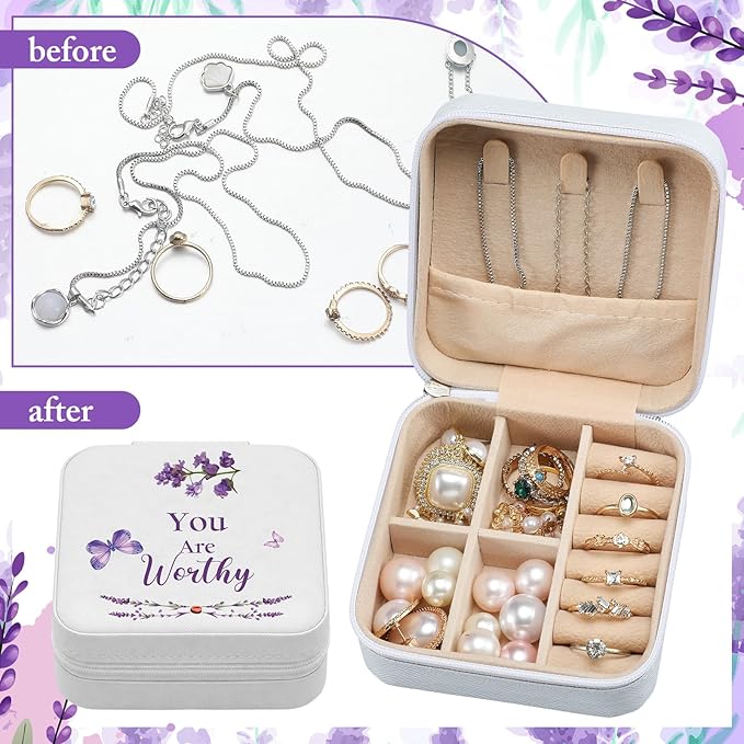 Kacctyen 12 Pcs Mini Travel Jewelry Case Bulk You Are Loved Mother's Day Church Gift Bulk Purple Butterfly Gift for Secretary Mother Girls Leather Travel Jewelry Case Mothers Day Church Gifts