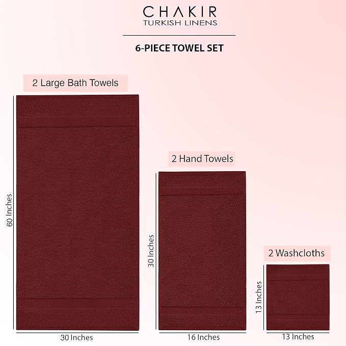 Chakir Turkish Linens 6 Piece Towel Set, 100% Cotton Turkish Towels for Bathroom, Luxury Soft Absorbent Bath Towel Set with 2 Bath Towels 2 Hand Towels 2 Washcloths, Cranberry
