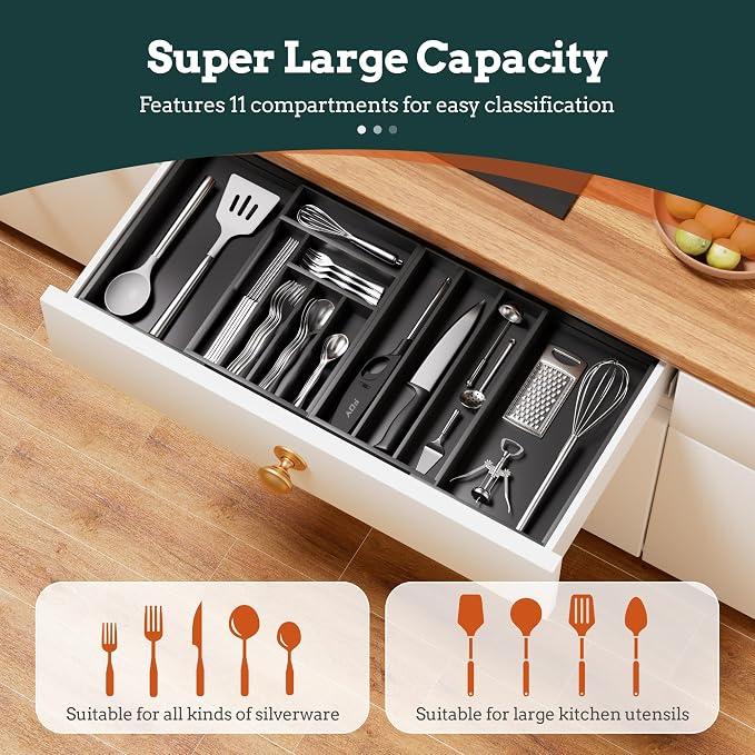 Silverware Organizer Large, Magnetic Connected Expandable 11 Slots Silverware Drawer Organizer from 21 to 37.4 Inches, Adjustable Flatware and Cutlery Holder, Bamboo Utensil Tray for Kitchen Black