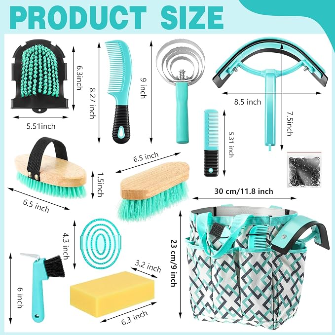 Abbylike 12 Piece Horse Grooming Kit with Organizer Tote Bag Brush Sets for Derby Day Show Horses Professional Tools for Care & Massage(Mint Green and Grey)