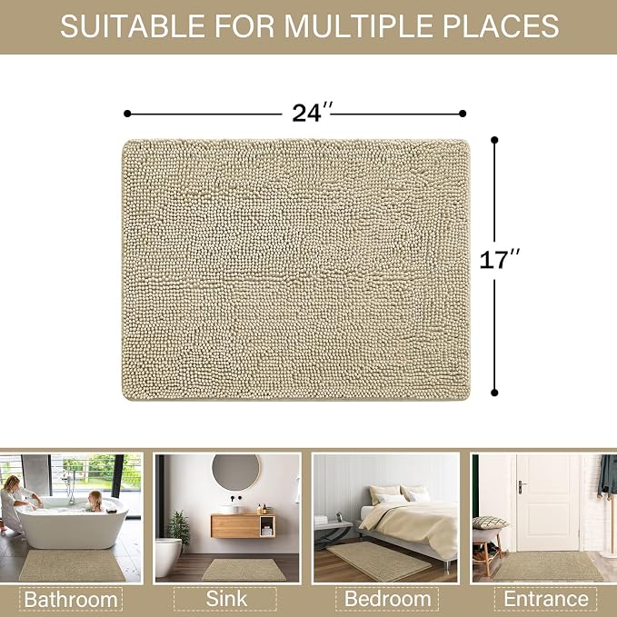 LOCHAS Luxury Bathroom Rug Shaggy Bath Mat 24 x 17 Inch, Beige | Washable Non Slip Bath Rugs for Bathroom Shower, Soft Plush Chenille Absorbent Carpets
