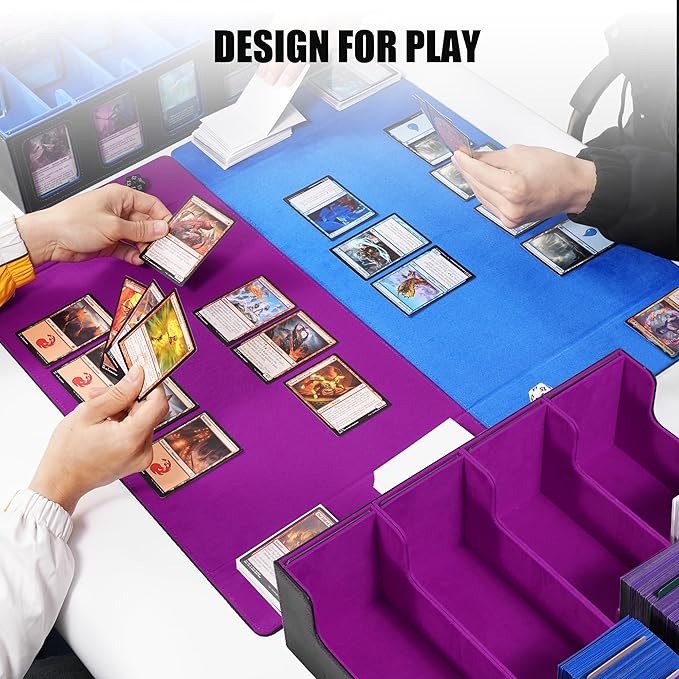 Trading Card Storage Box with Commander Display , 4-Row Deck Case with Removable Lid; 2400+ Card Deck Box for MTG TCG Sports Card, 4 Top Loaders, 4 Stoppers, 24 Dividers,1 Dice Bag (Black Purple)