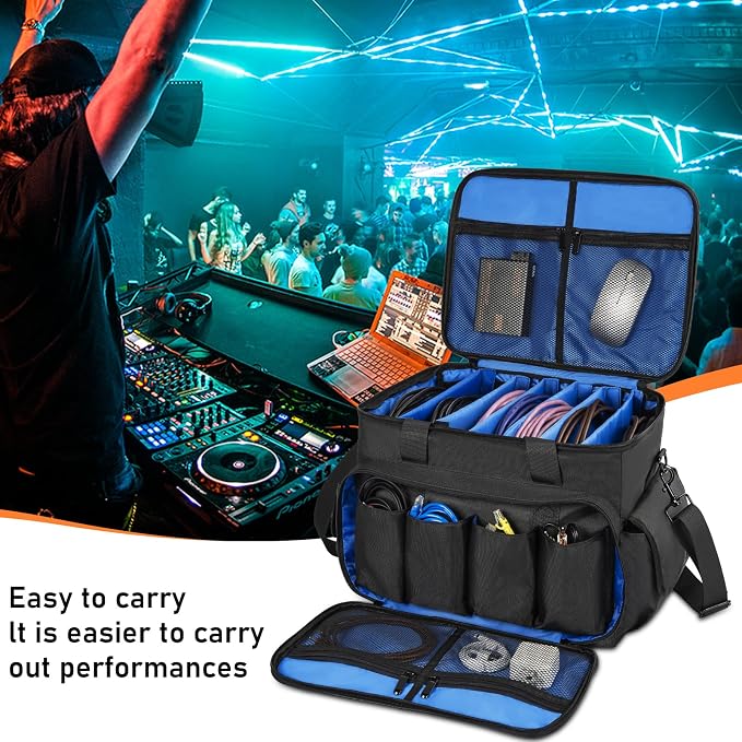 IBVIVIC DJ Cable File Bag with 6 Detachable Dividers High Capacity Gig Cable Bag for Cords,DJ Gear,Sound Instrument and Accessories, Blue