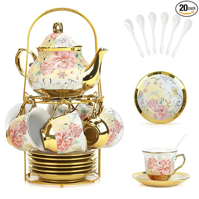 20 Pcs Porcelain Tea Set with Metal Holder and Spoon, European Ceramic Tea Set for Adults, European Flower Painting Teapot Cup Saucer Spoon Set for 6, Gift Pack (Pink and Gold)