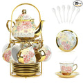 20 Pcs Porcelain Tea Set with Metal Holder and Spoon, European Ceramic Tea Set for Adults, European Flower Painting Teapot Cup Saucer Spoon Set for 6, Gift Pack (Pink and Gold)