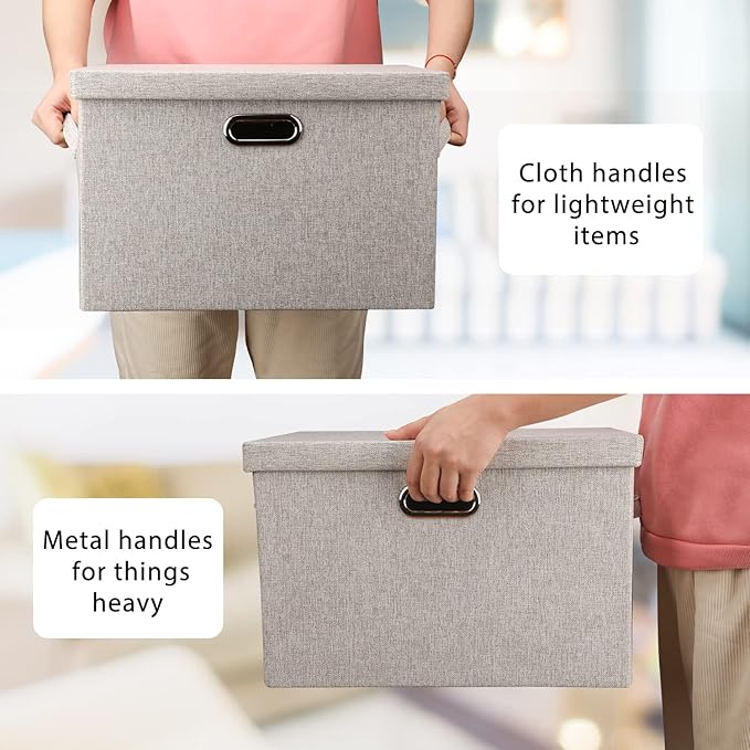 Graciadeco Large 17" 36 Quart Collapsible Stackable Storage Bins with Lids, 5 Packs Beige Linen Fabric Closet Boxes with Lids, Storage Cube Baskets Container Organizers for Bedroom Office(17 x12 x11)
